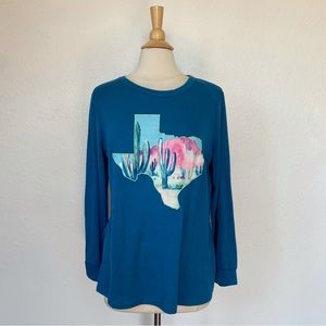 Blue Long Sleeve Texas Cactus Graphic Crewneck T-Shirt